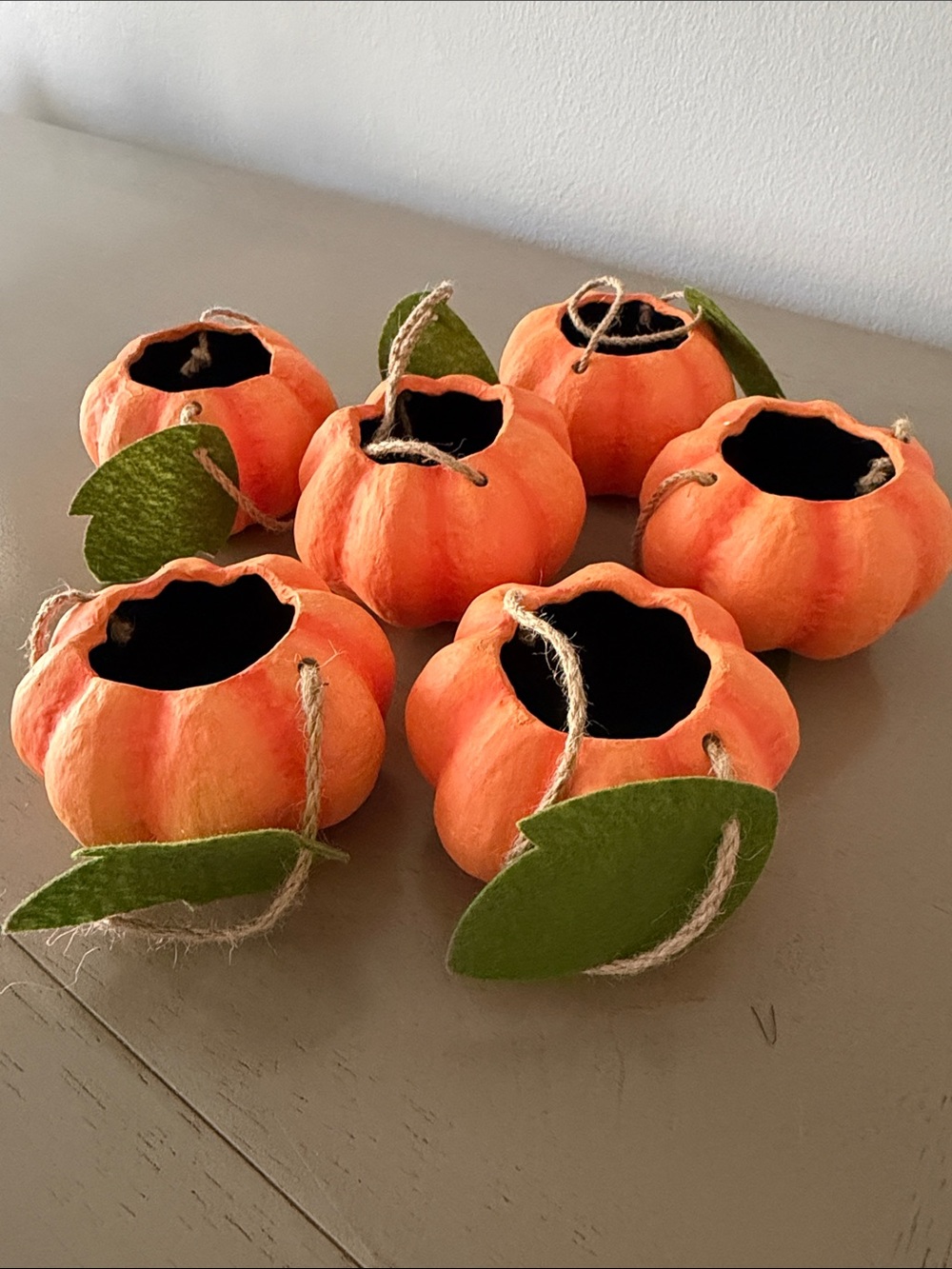 Pottery Barn Kids Orange Pumpkin Tea Light Holders with Green Leaves